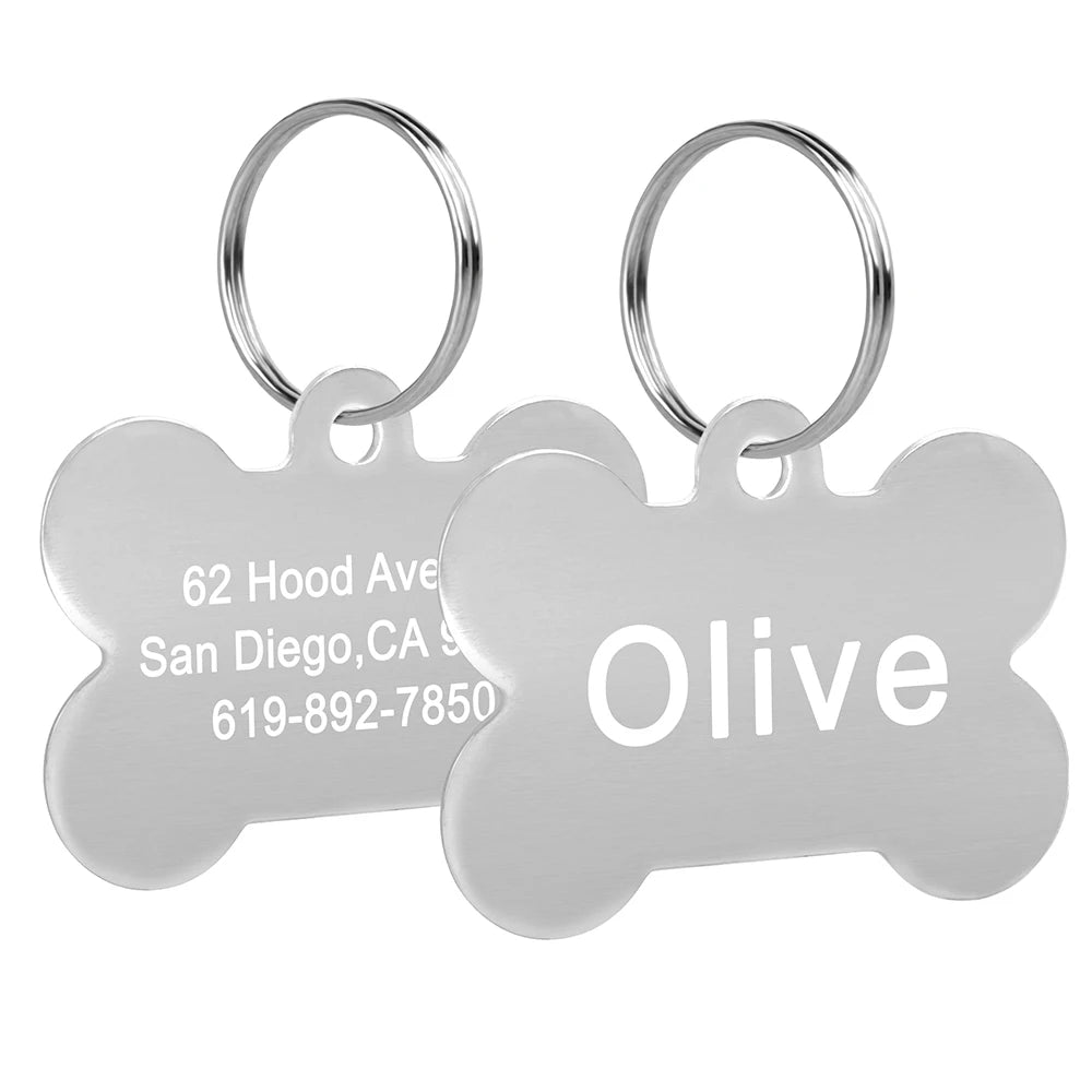 Bone Shaped Dog ID Tag - Custom Engraved Pet Name Aluminum Silver
