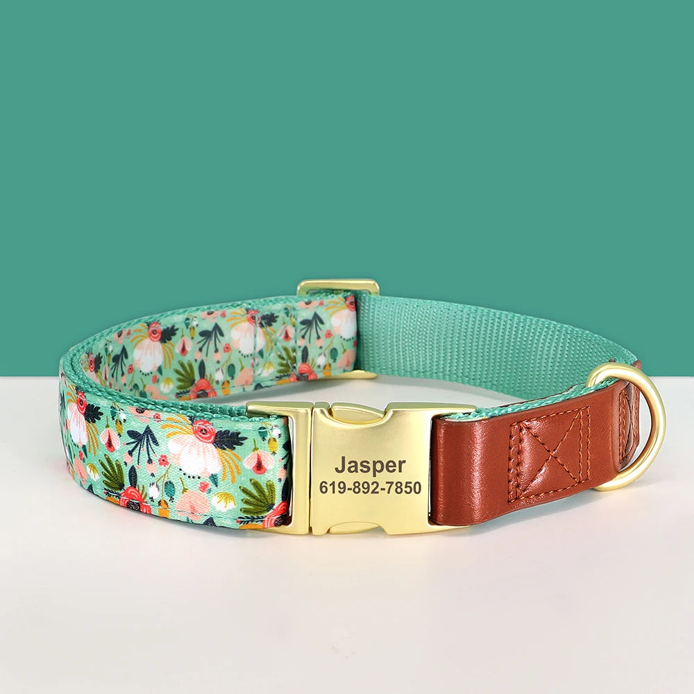 Custom Engraved Dog Collar - Personalized Flower Print Pet ID Collar