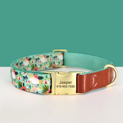 Custom Engraved Dog Collar - Personalized Flower Print Pet ID Collar