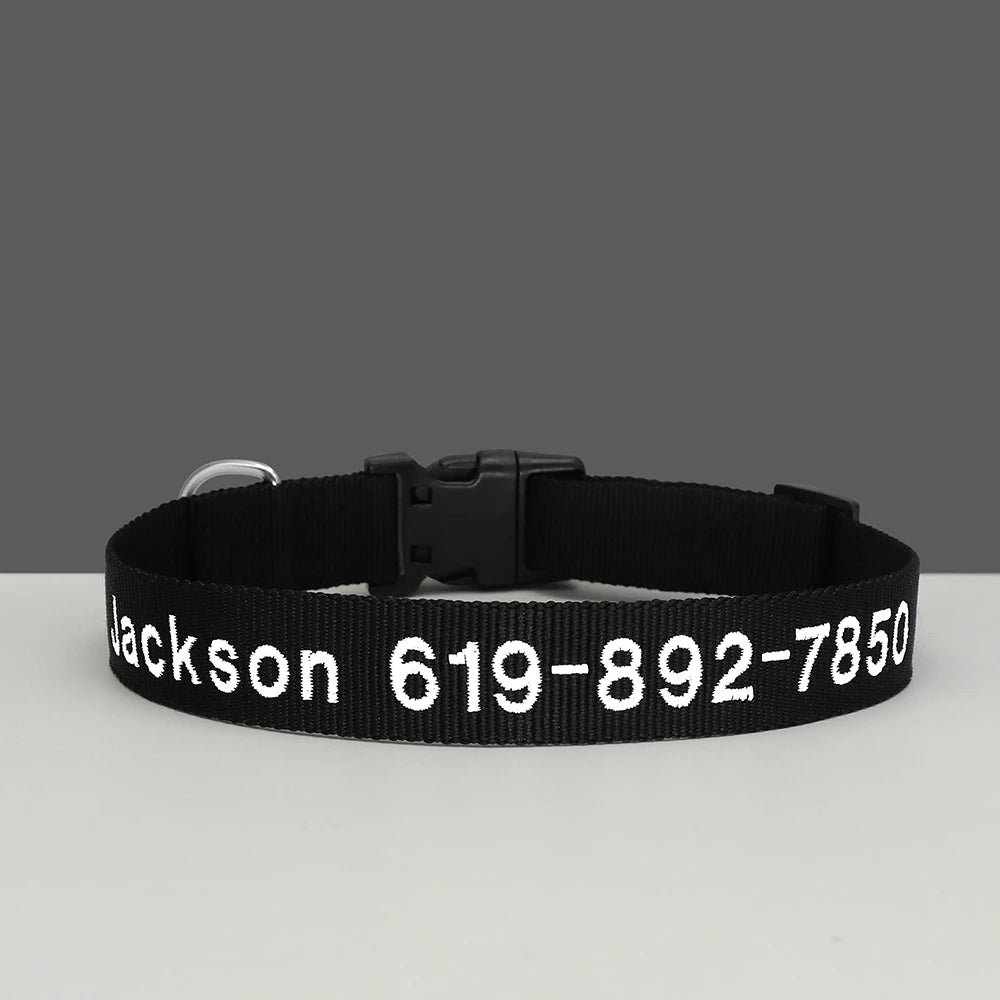 Custom Dog Collar with Embroidered Name - Adjustable Nylon Pet ID Black