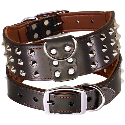 Spiked Leather Dog Collar - Heavy Duty Wide Collar for Large Dogs black
