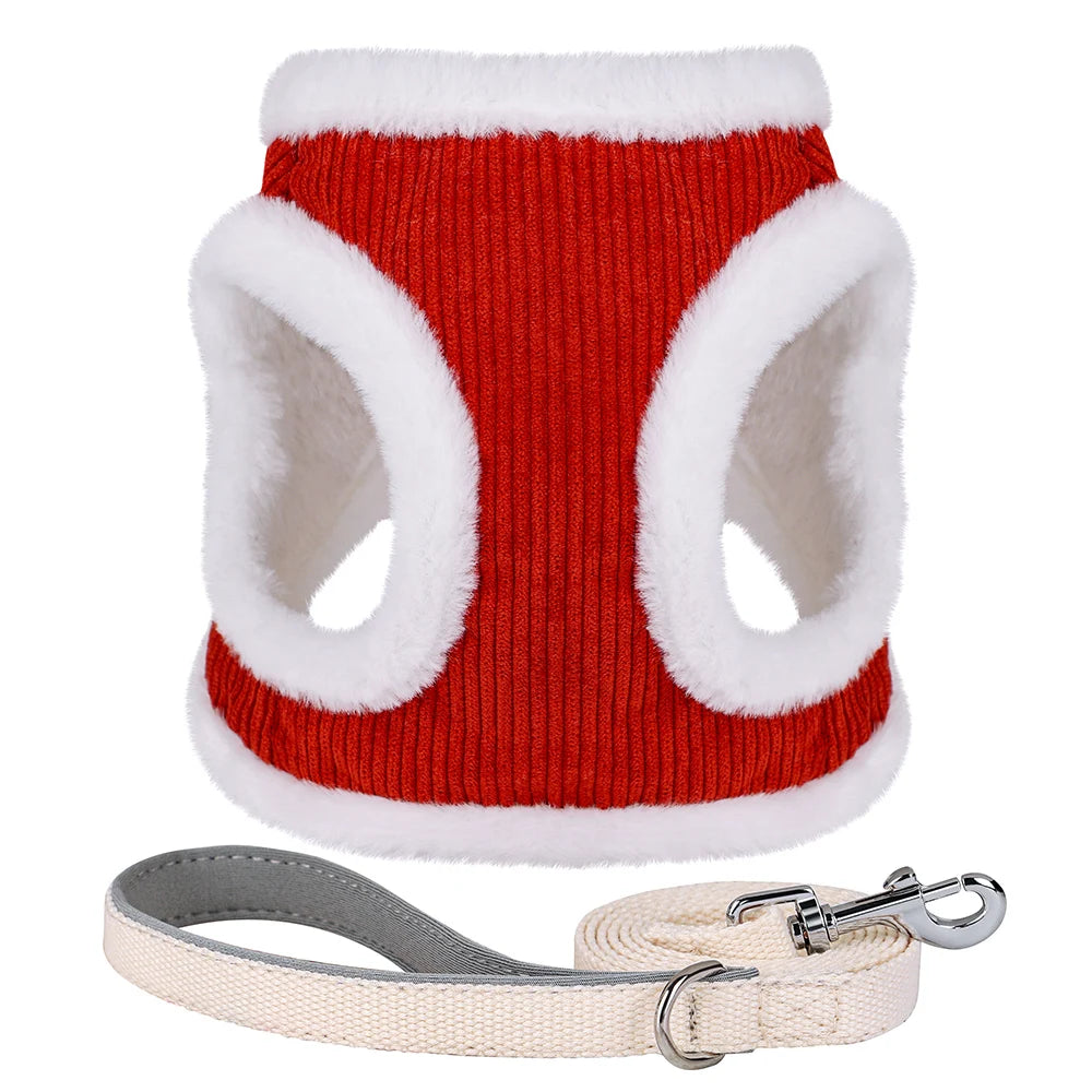Winter Dog Harness Leash Set - Soft Plush Vest for Small Dogs Red