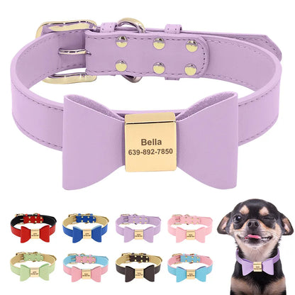 Personalized Dog Collar with Bowknot - Custom Engraved PU Leather