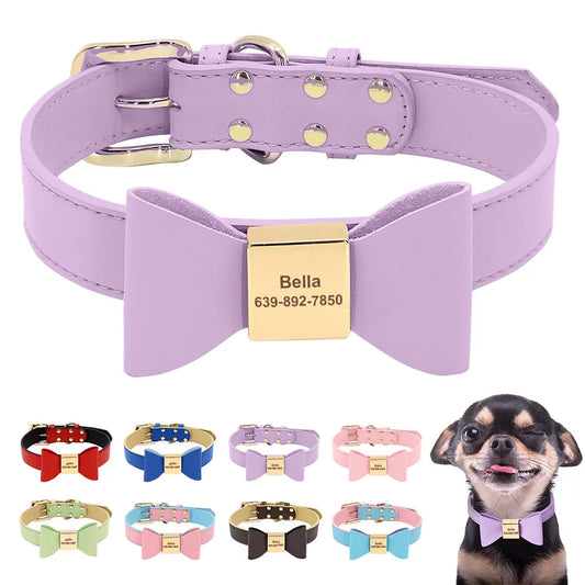 Personalized Dog Collar with Bowknot - Custom Engraved PU Leather