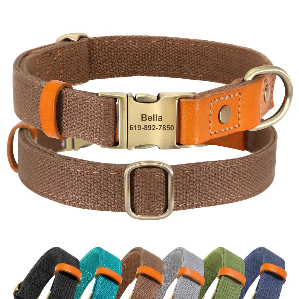 Custom Dog Collar with ID Tag - Personalized Nylon PU Leather Brown