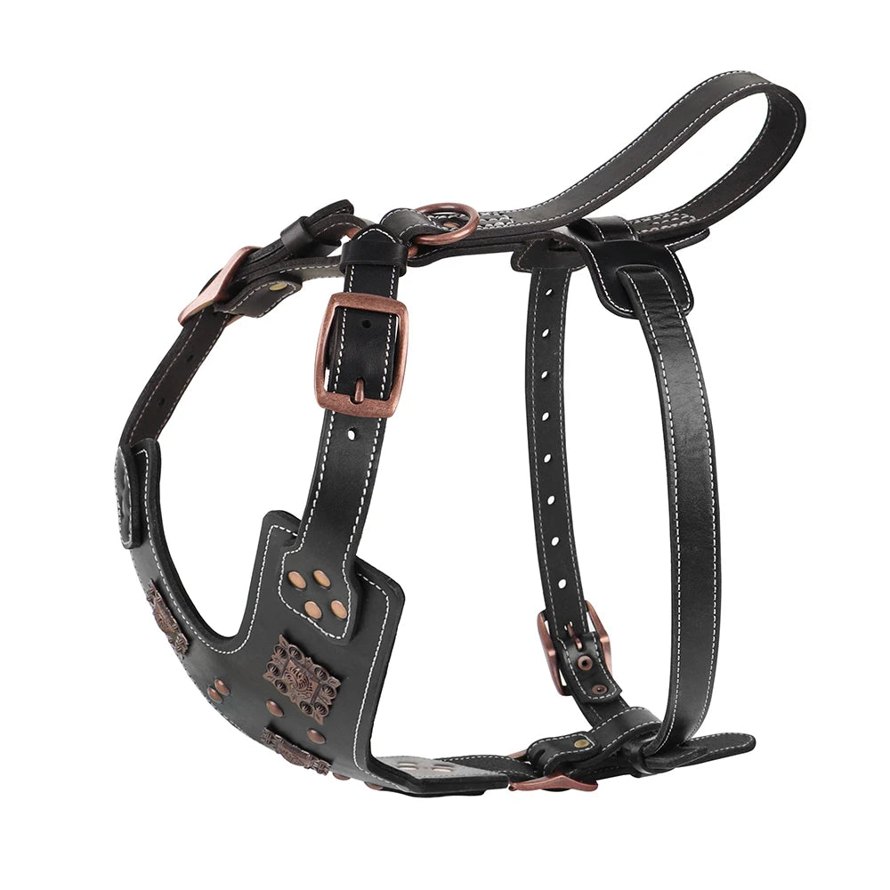 Genuine Leather Dog Harness Large Dogs - Durable Training Vest Metal