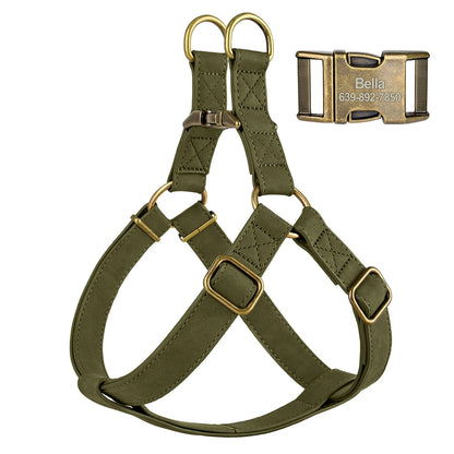 Personalized Dog Harness - Custom Engraved PU Leather Vest DGreen