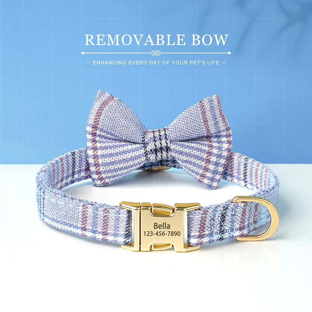Custom Dog Collar Bowknot Engraved Pet ID Nylon Small Medium Blue