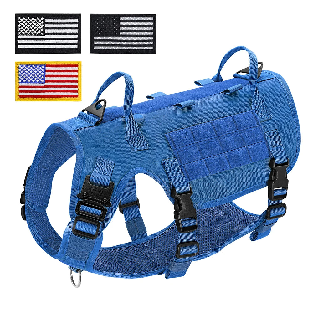 Tactical Dog Harness Military Vest Medium Large Dogs - Durable Nylon Blue--US