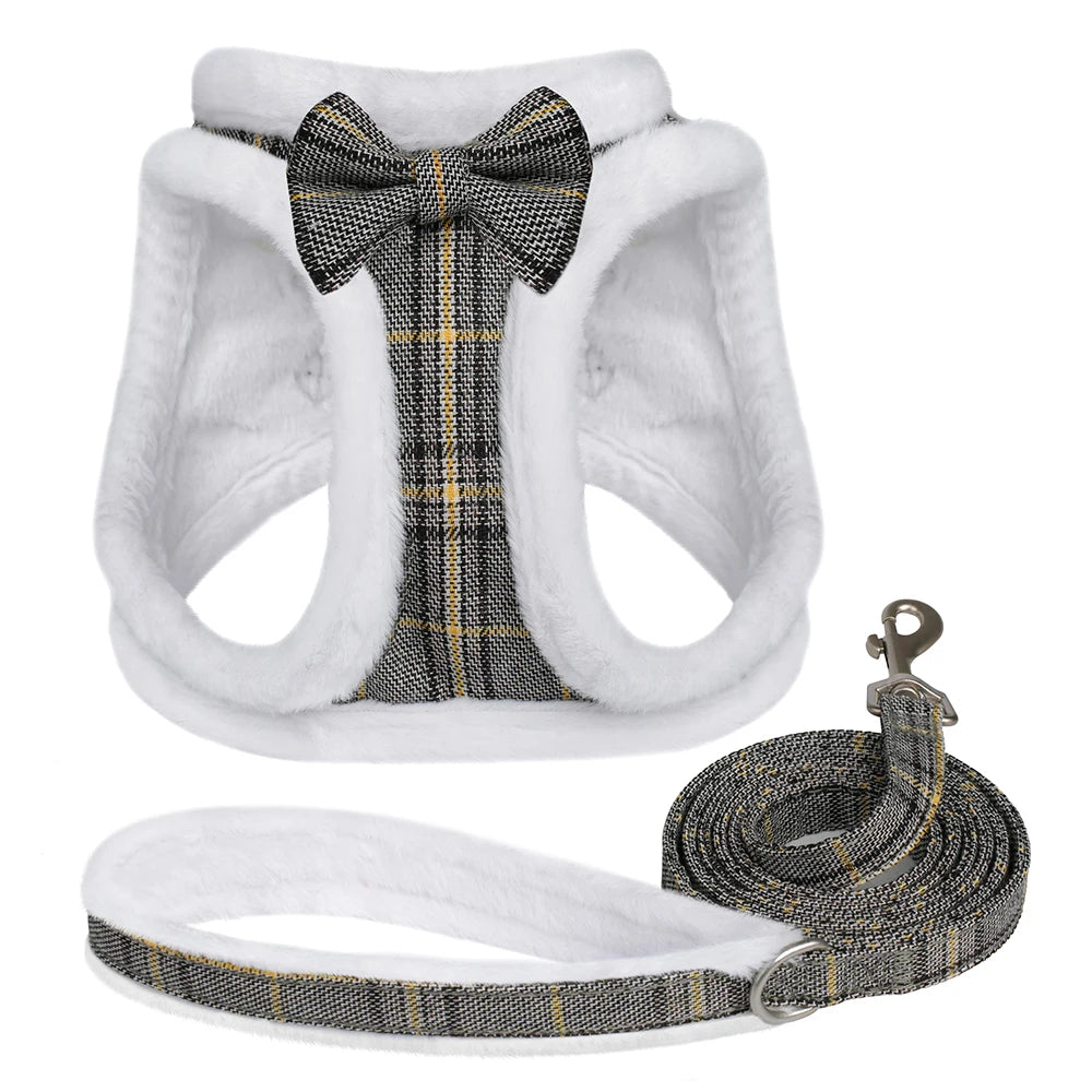 Winter Dog Harness & Leash Set - Warm Fur Vest with Bowknot Gray