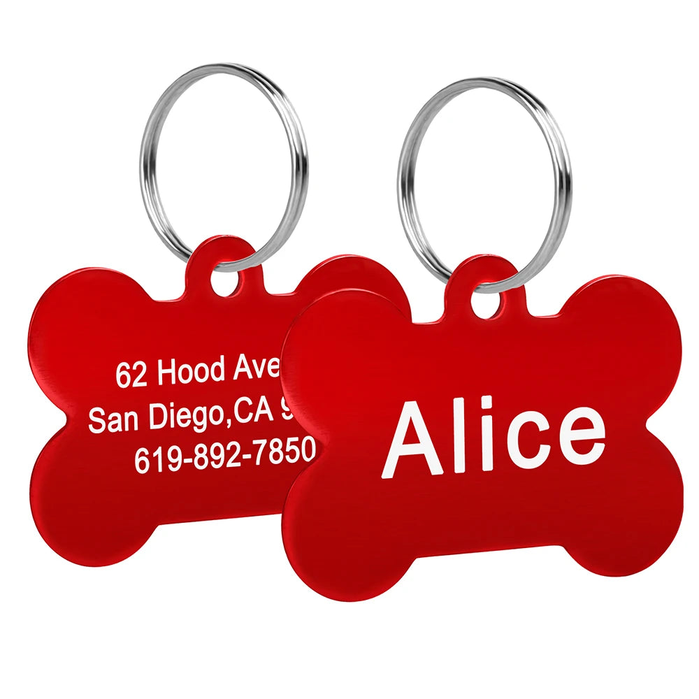 Bone Shaped Dog ID Tag - Custom Engraved Pet Name Aluminum Red
