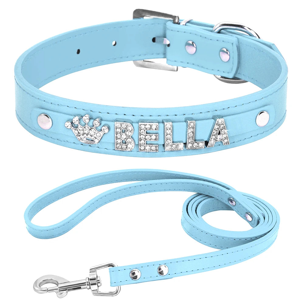Personalized Dog Collar and Leash Set with Rhinestone Charm - Custom Pet Collar for Small to Large Dogs Blue