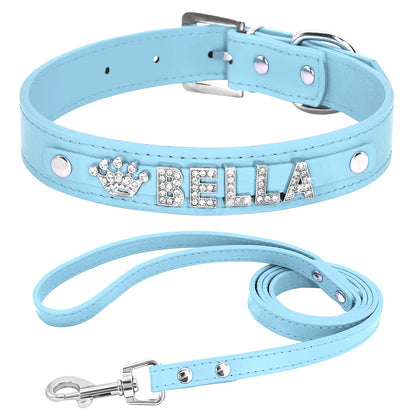 Personalized Dog Collar and Leash Set with Rhinestone Charm - Custom Pet Collar for Small to Large Dogs Blue