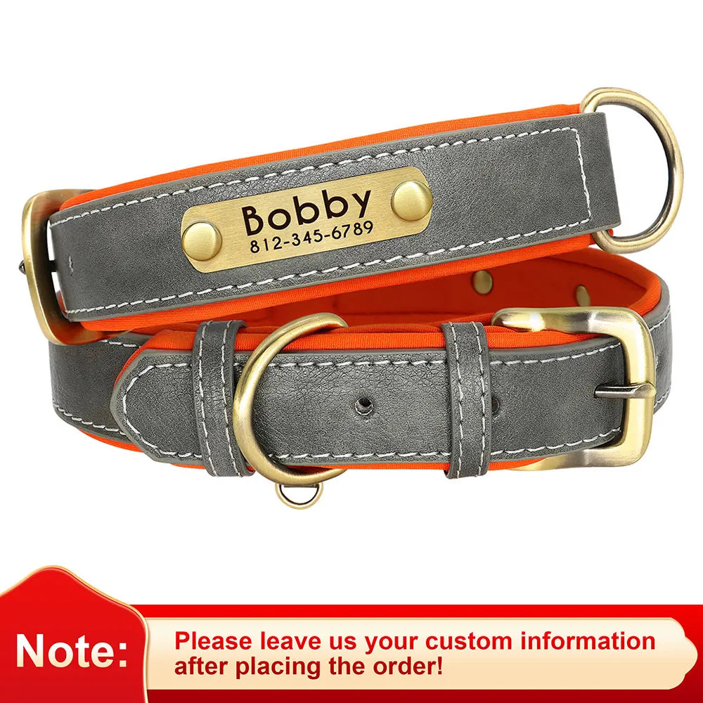 Personalized PU Leather Dog Collar with Free Engraving - Soft Padded GRAY