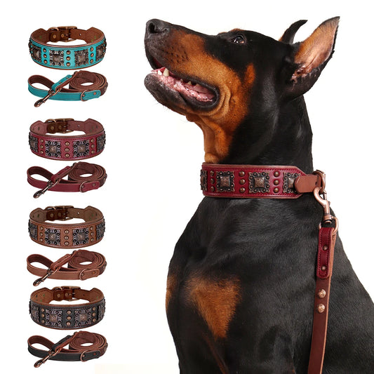 Leather Dog Collar Leash Set Large Dogs - Padded Wide Metal Rivet