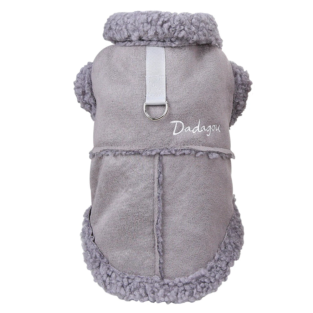 Winter Dog Jacket with Warm Fur Collar - Suede Pet Coat Gray