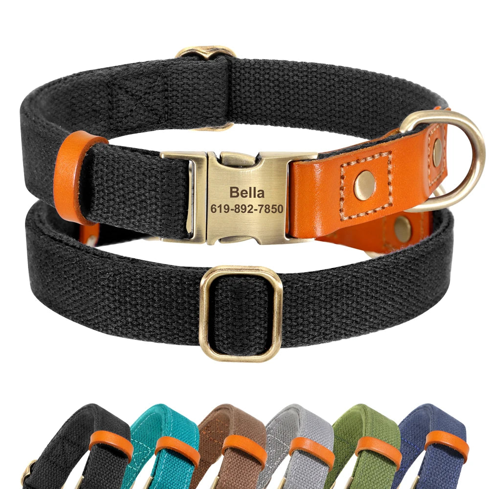 Custom Dog Collar with ID Tag - Personalized Nylon PU Leather Black