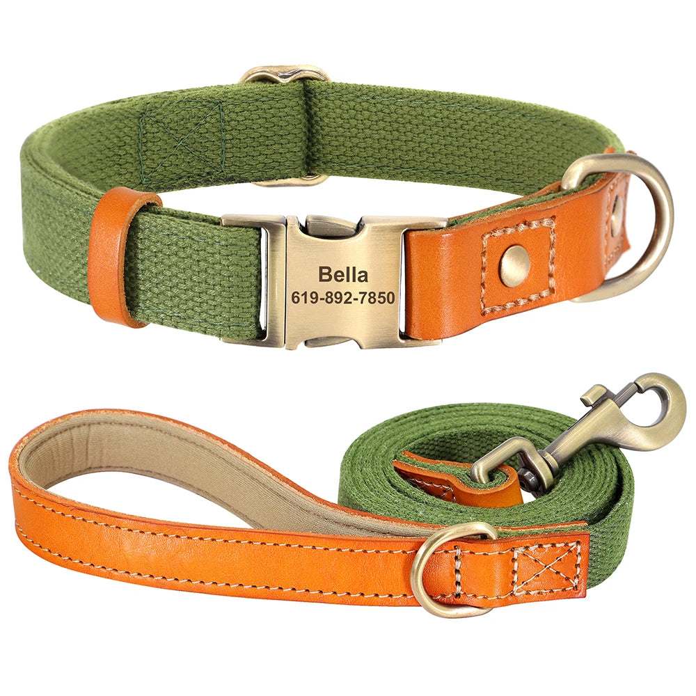 Custom Dog Collar & Leash Set - Personalized Pet ID Nylon Leather Green