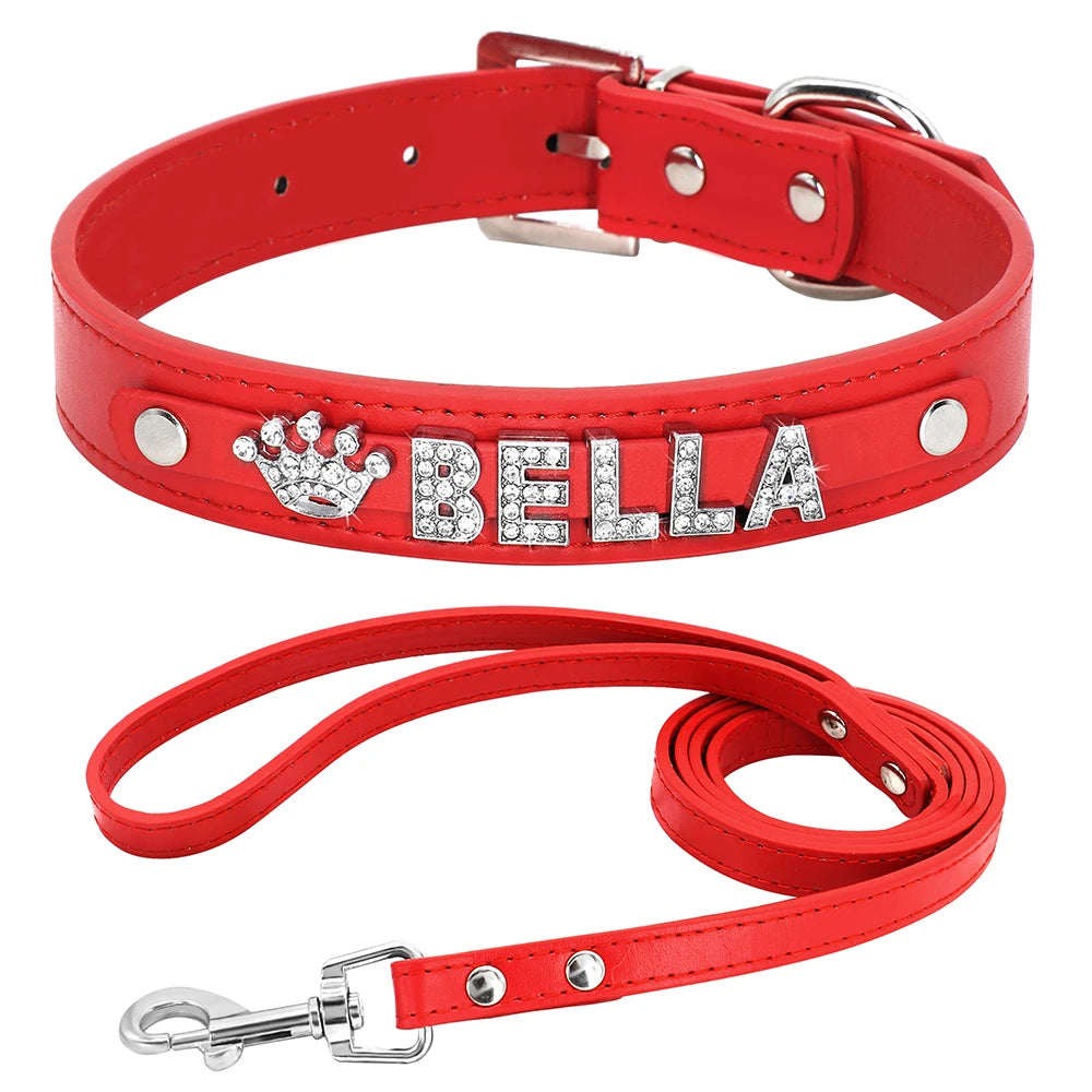 Personalized Dog Collar and Leash Set with Rhinestone Charm - Custom Pet Collar for Small to Large Dogs Red