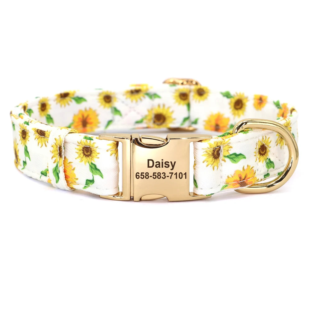 Custom Floral Dog Collar with Free Nameplate - Personalized Pet ID White