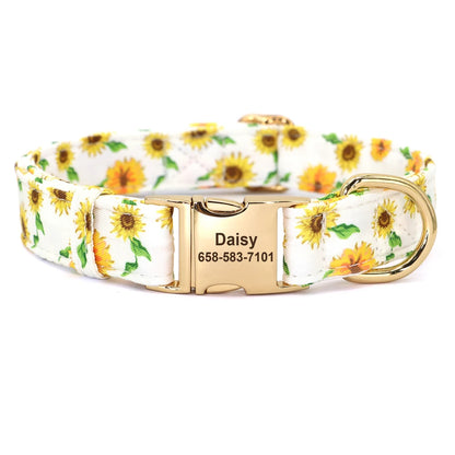 Custom Floral Dog Collar with Free Nameplate - Personalized Pet ID White