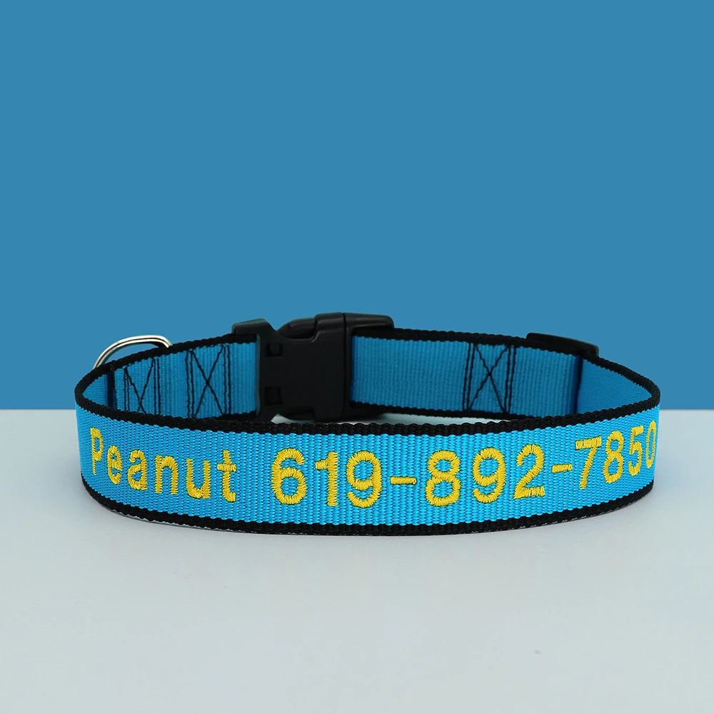 Custom Dog Collar with Embroidered Name - Adjustable Nylon Pet ID Light Blue