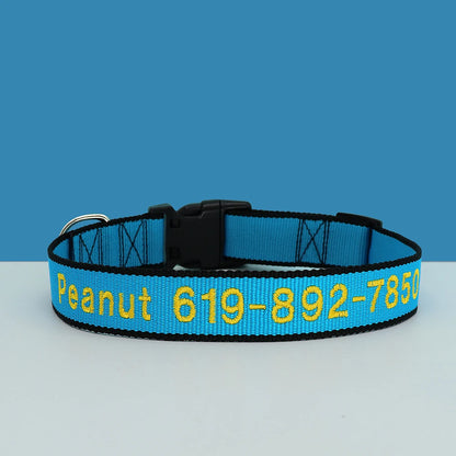 Custom Dog Collar with Embroidered Name - Adjustable Nylon Pet ID Light Blue