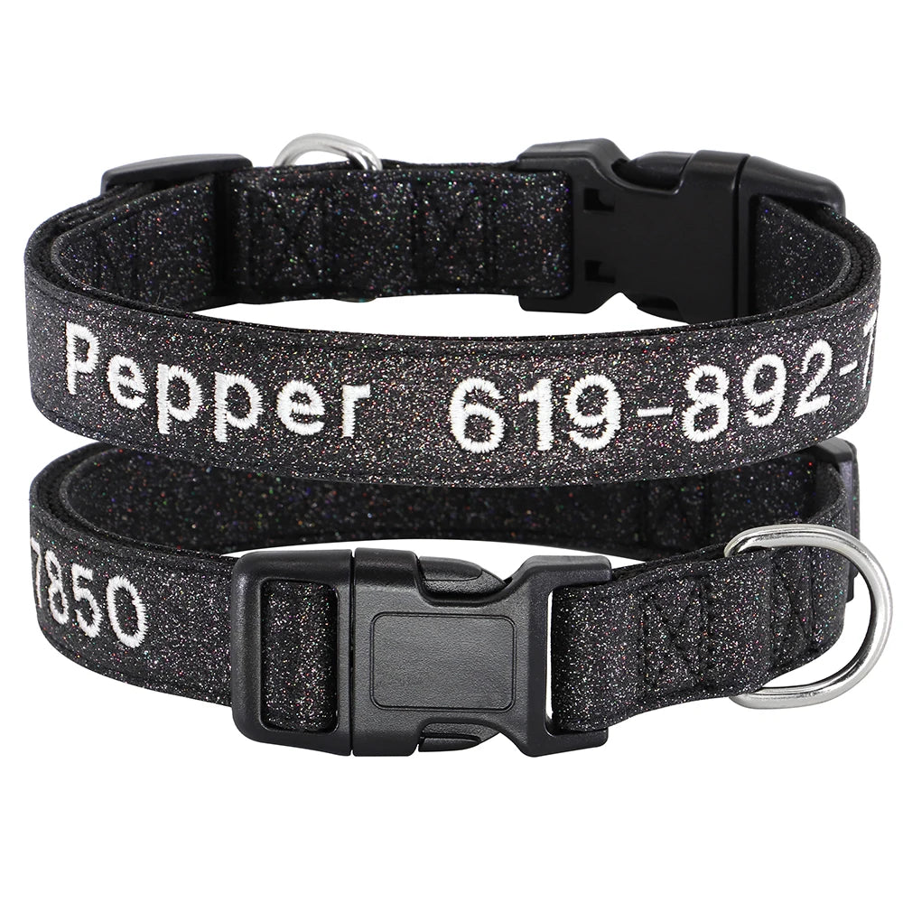 Personalized Reflective Dog Collar - Custom Embroidered Name & Phone 34 Black