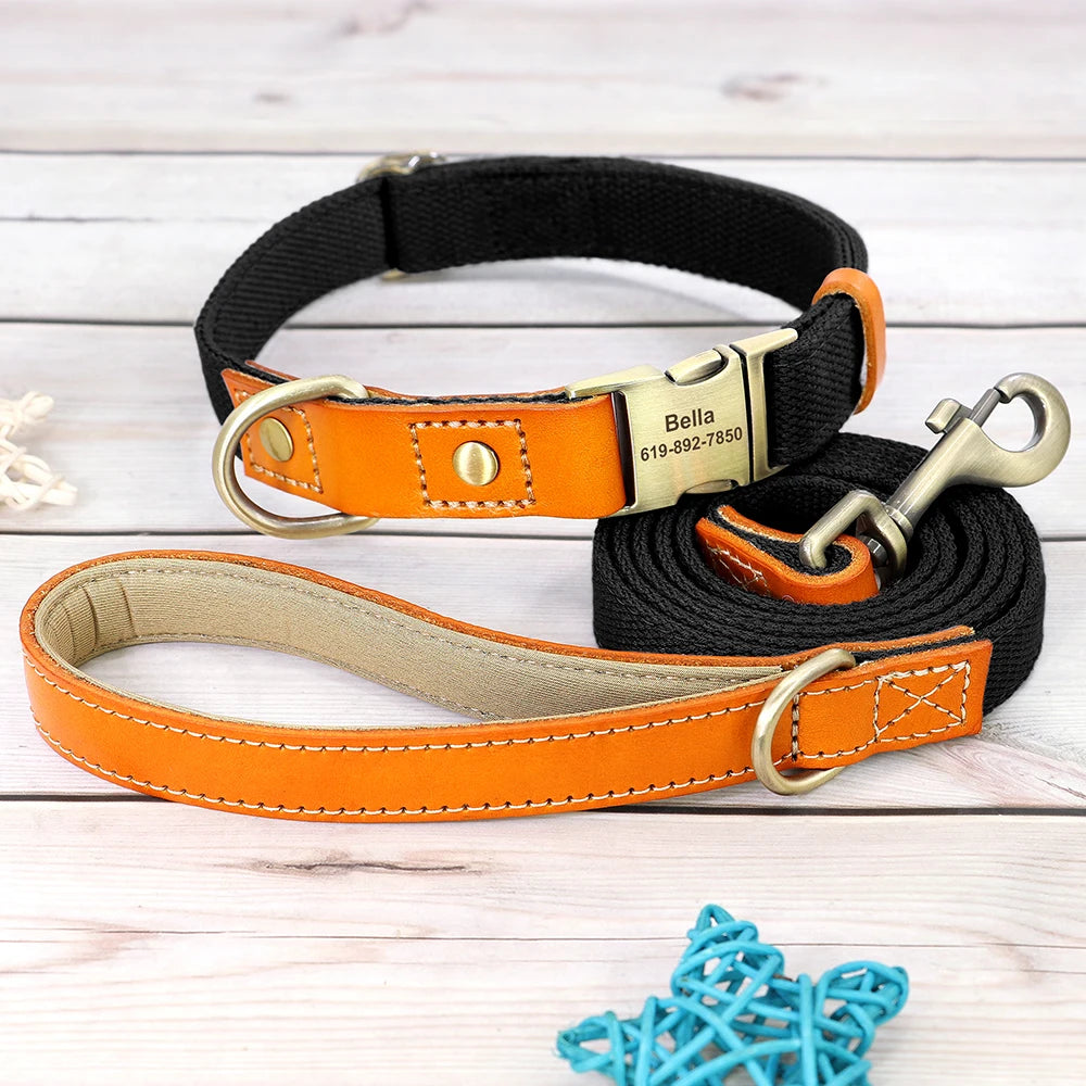 Custom Dog Collar Leash Set Personalized Pet ID Nylon Leather Black set