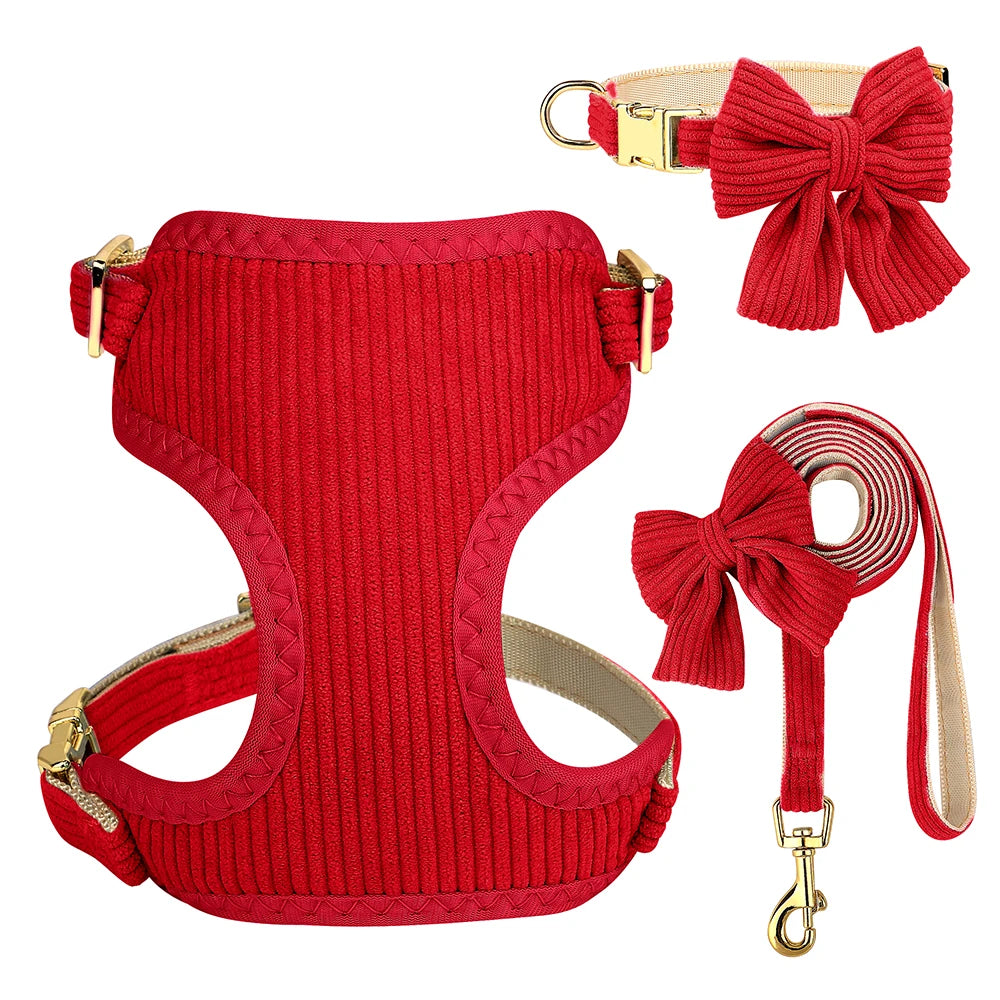 Adorable Bowknot Dog Harness Set - Soft Velvet Collar & Leash for Small Dogs Red
