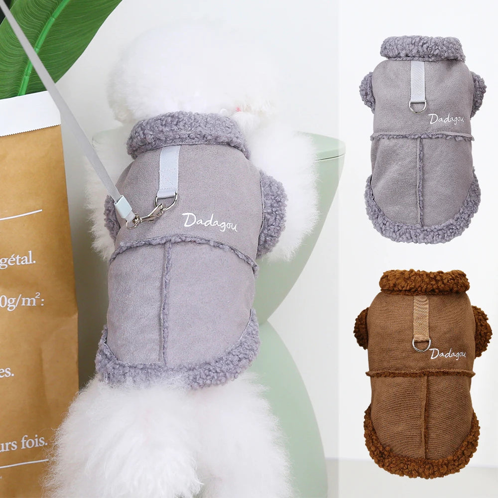 Winter Dog Jacket with Warm Fur Collar - Suede Pet Coat