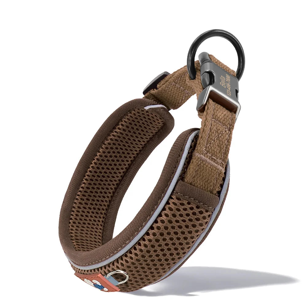 Personalized Dog Collar Breathable Mesh Custom Engraved Pet ID Brown
