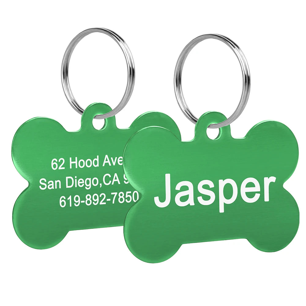 Bone Shaped Dog ID Tag - Custom Engraved Pet Name Aluminum Green