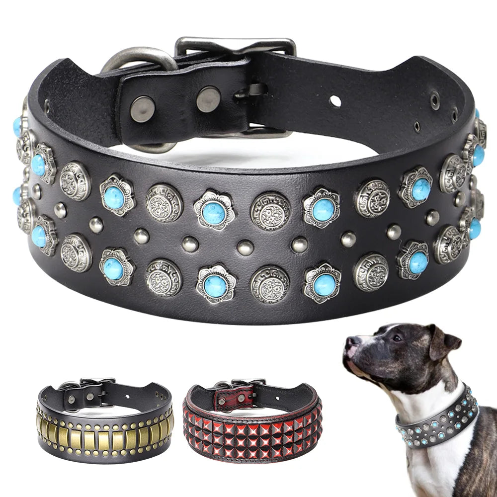Luxury Leather Dog Collar 2 Inch Wide Diamond Spike - Large Dogs