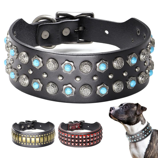 Luxury Leather Dog Collar 2 Inch Wide Diamond Spike - Large Dogs
