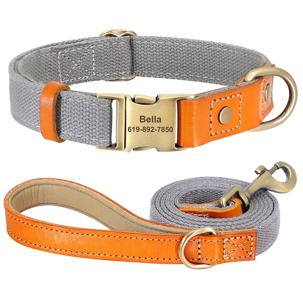 Custom Dog Collar & Leash Set - Personalized Pet ID Nylon Leather Gray
