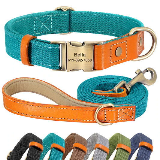Custom Dog Collar & Leash Set - Personalized Pet ID Nylon Leather
