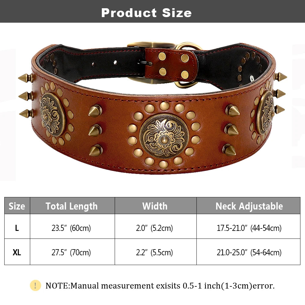 2 Inch Wide Spiked Leather Dog Collar for Large Dogs 087 Brown