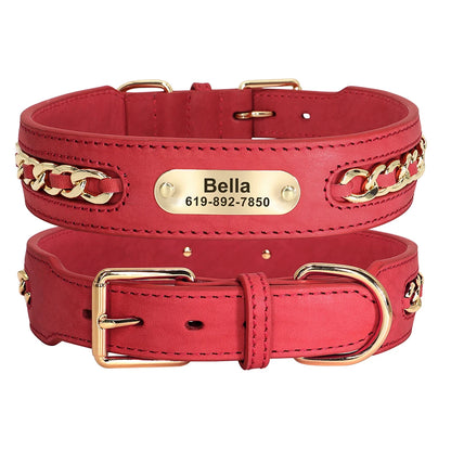 Personalized Leather Dog Collar with Name Tag - Custom ID Collar Red