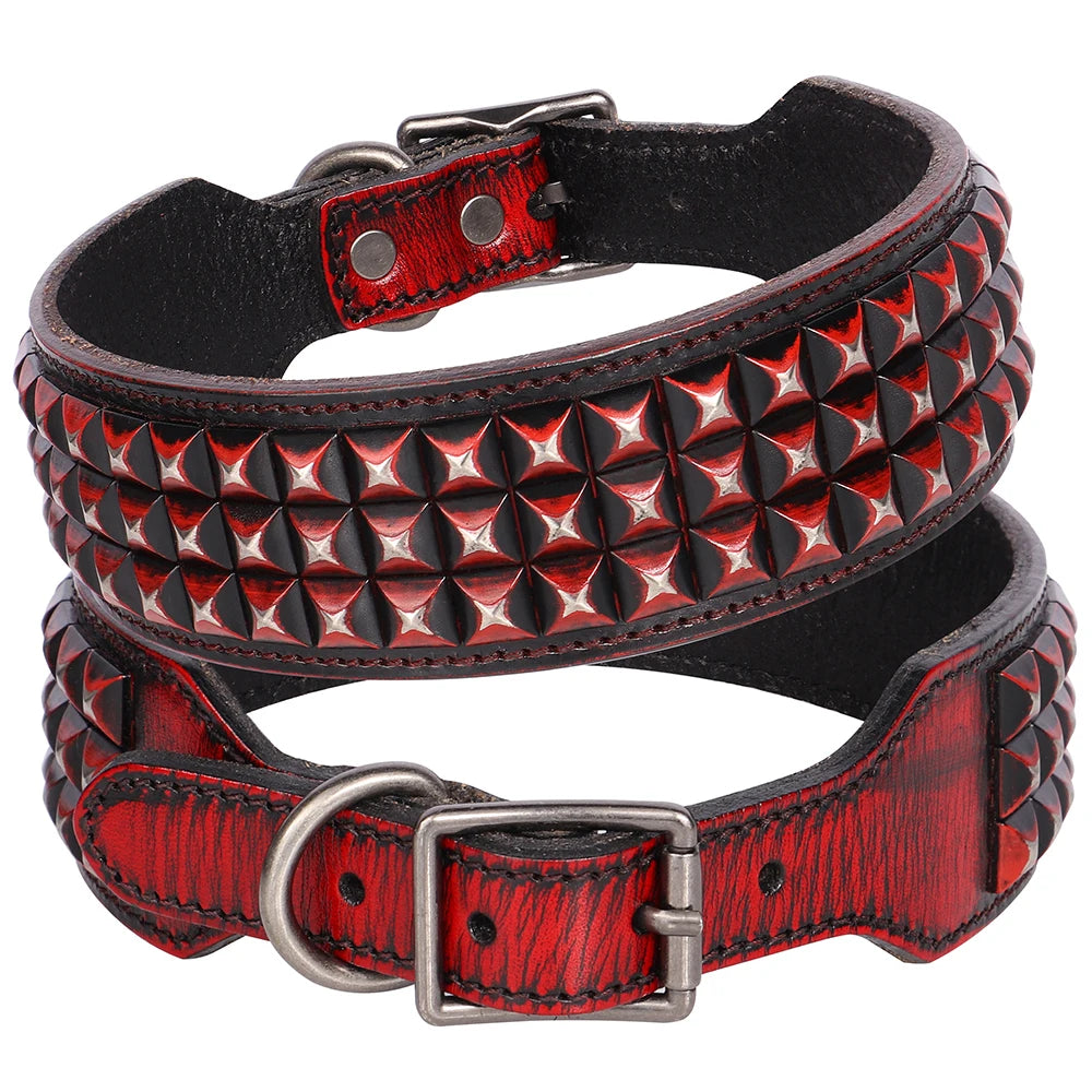 2 Inch Wide Leather Dog Collar with Spikes for Large Dogs Red