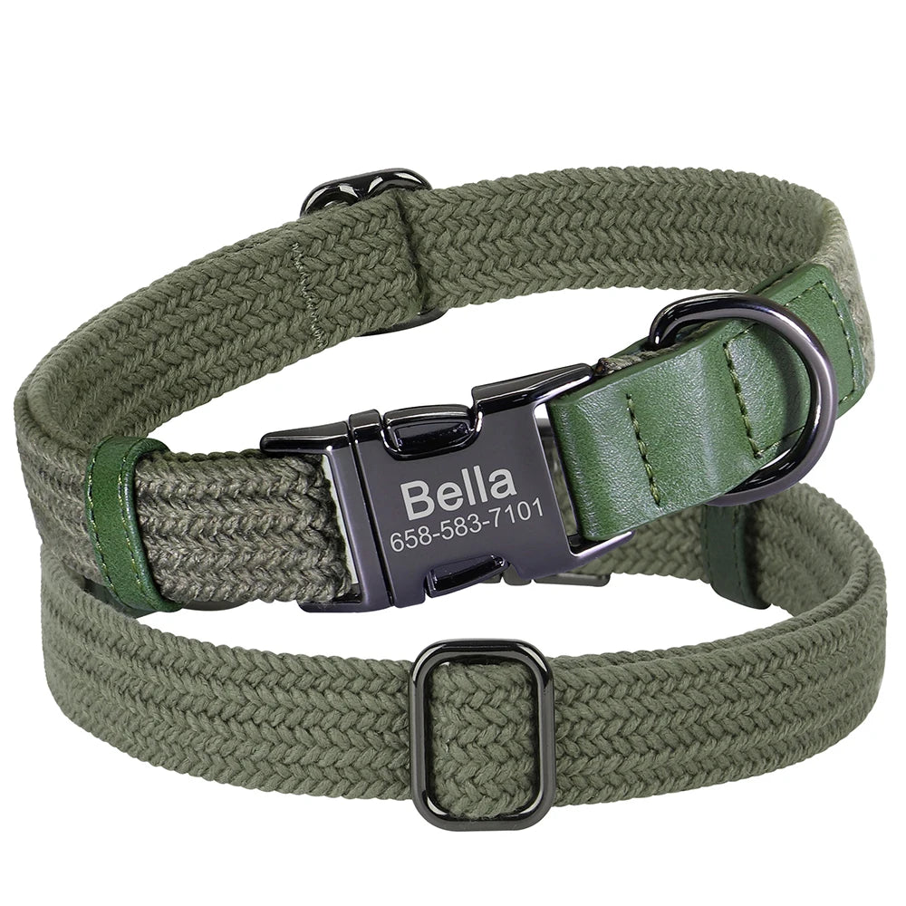 Custom Dog Collar with Name - Adjustable Nylon Pet Collar Green