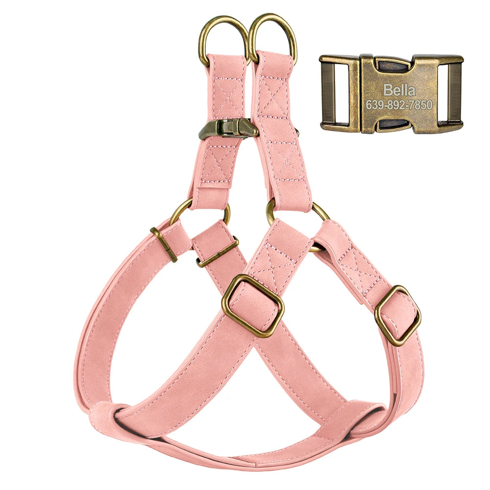 Personalized Dog Harness - Custom Engraved PU Leather Vest Pink