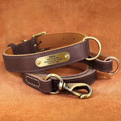 Personalized Leather Dog Collar & Leash Set with Free Engraving Brown Set