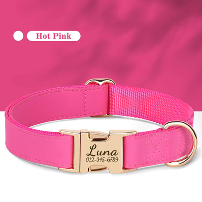 Custom Engraved Dog Collar - Personalized PU Leather Pet ID Collar Rose