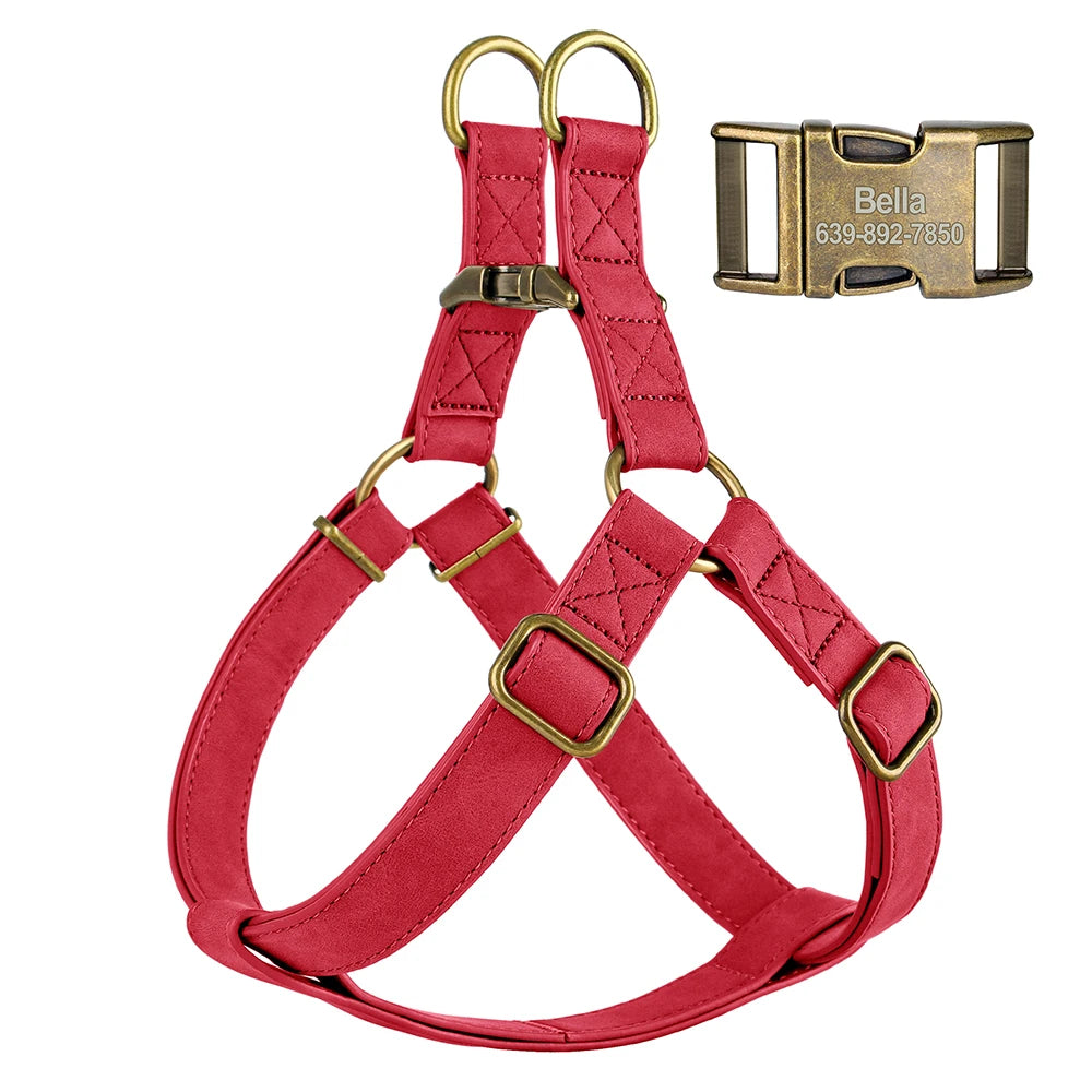 Personalized Dog Harness - Custom Engraved PU Leather Vest Red