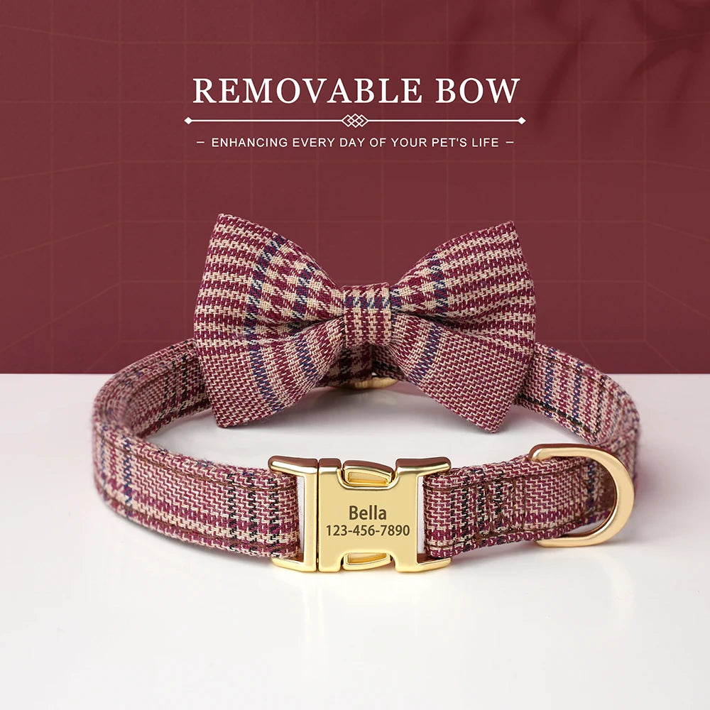 Custom Dog Collar Bowknot Engraved Pet ID Nylon Small Medium Brown