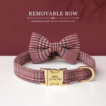 Custom Dog Collar Bowknot Engraved Pet ID Nylon Small Medium Brown