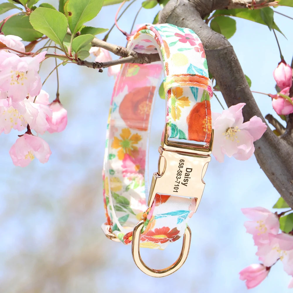 Custom Floral Dog Collar with Free Nameplate - Personalized Pet ID