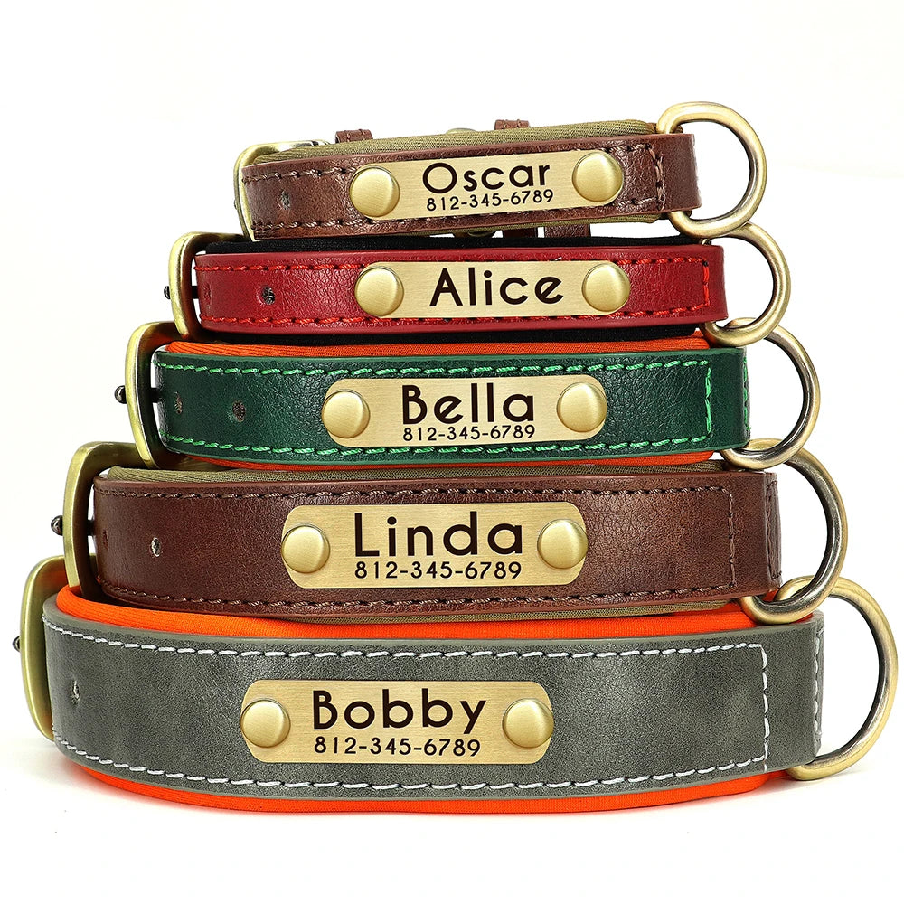 Personalized PU Leather Dog Collar with Free Engraving - Soft Padded