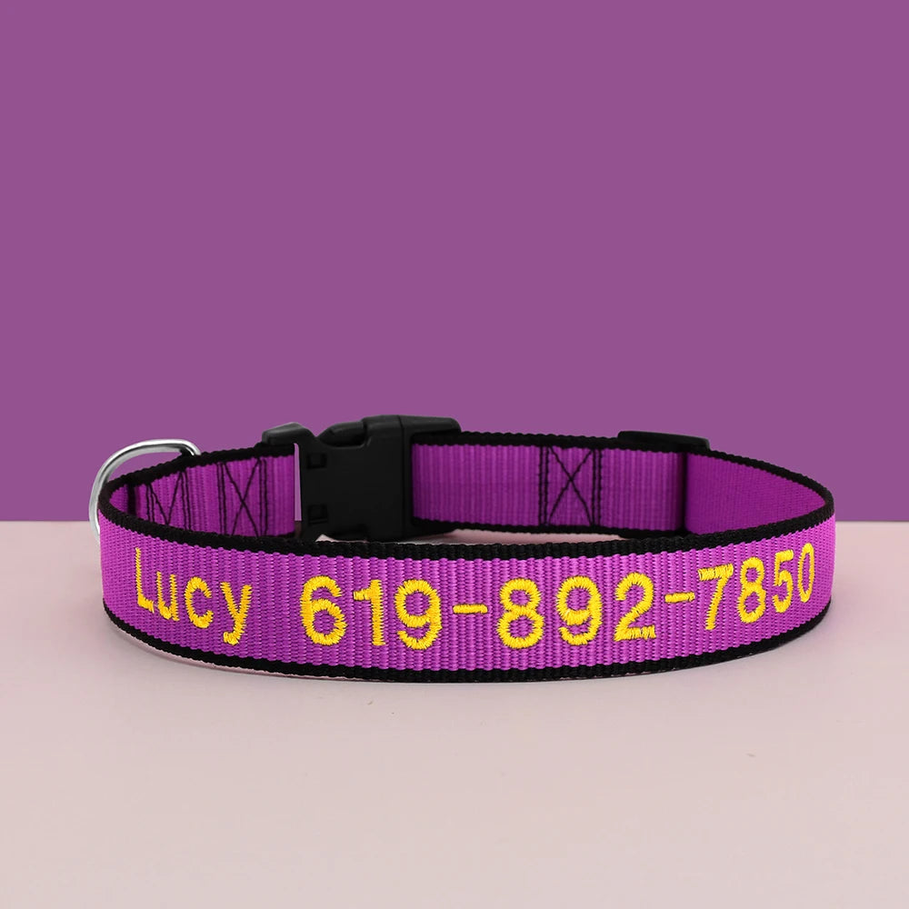 Custom Dog Collar with Embroidered Name - Adjustable Nylon Pet ID Purple